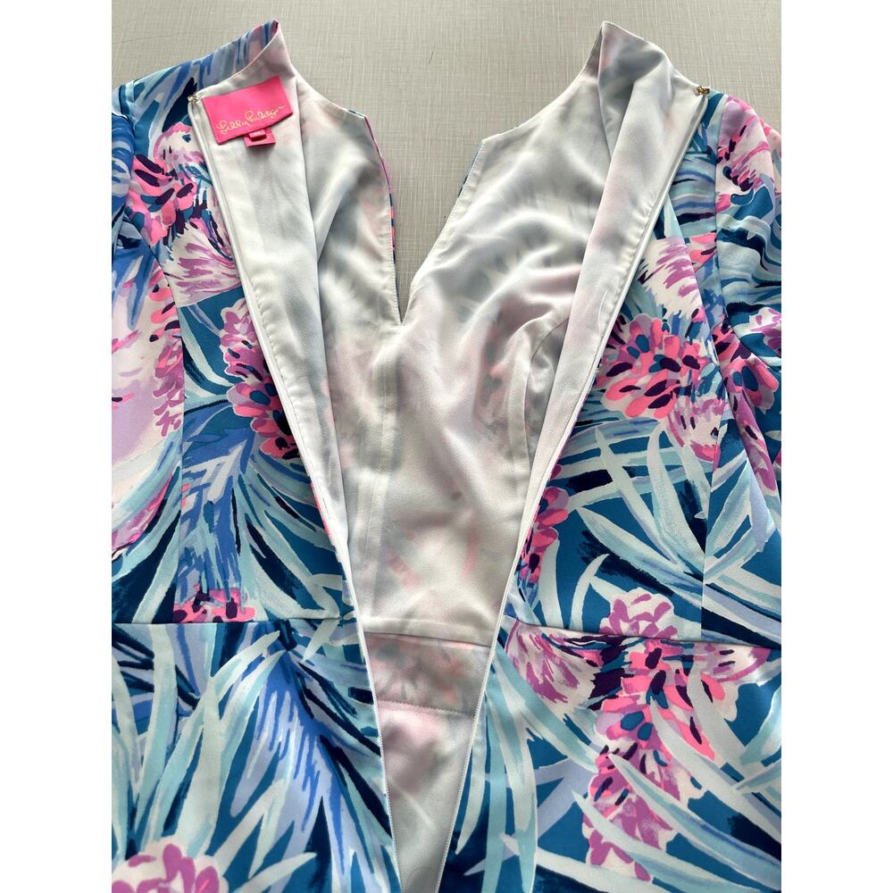 Lilly Pulitzer Size M Laeda Dress Blue Pink Mini Stretch Wedding Cocktail Ruffle - Picture 13 of 16
